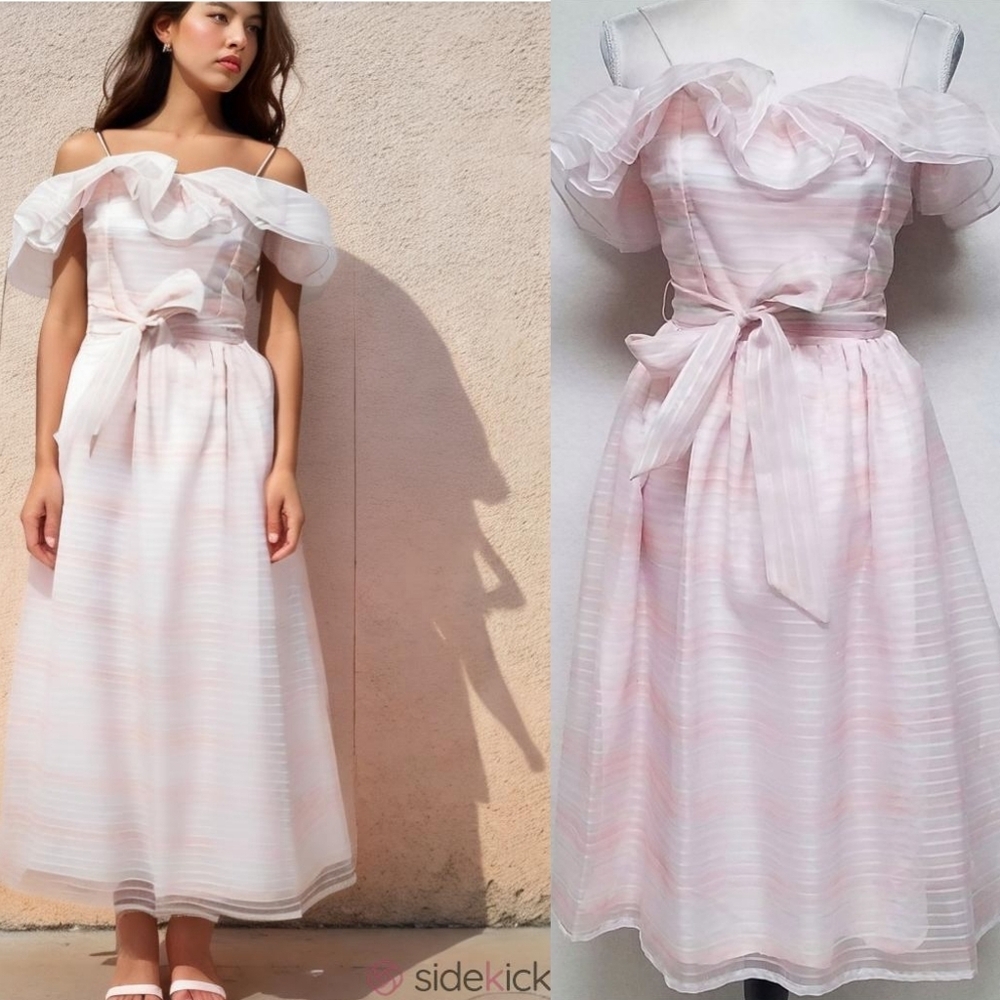 60s Vintage Union Made Pink Sherbet Off-Shoulder Ruffled Tie-Waist Midi Dress